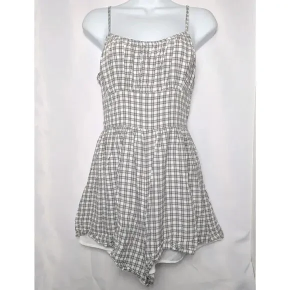 Hollister Plaid Gingham Romper Shorts Pockets Y2K Lined Smocked Size Medium M - Picture 4 of 10